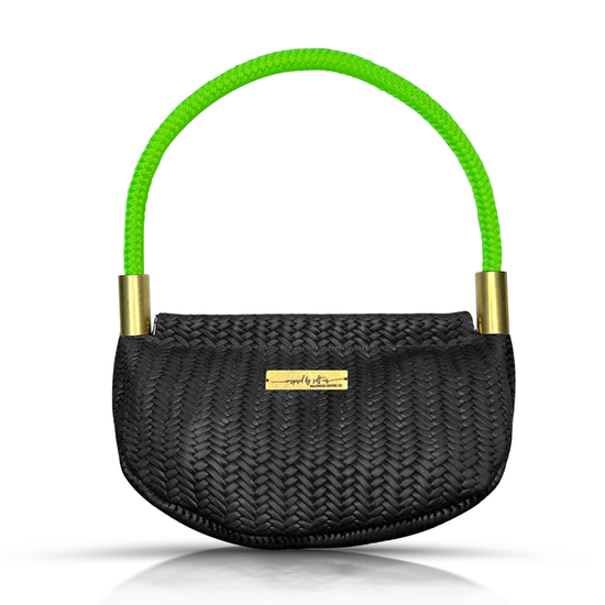 black basketweave leather clamshell bag with neon green dockline handle