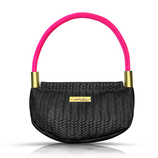 black basketweave leather clamshell bag with neon pink dockline handle