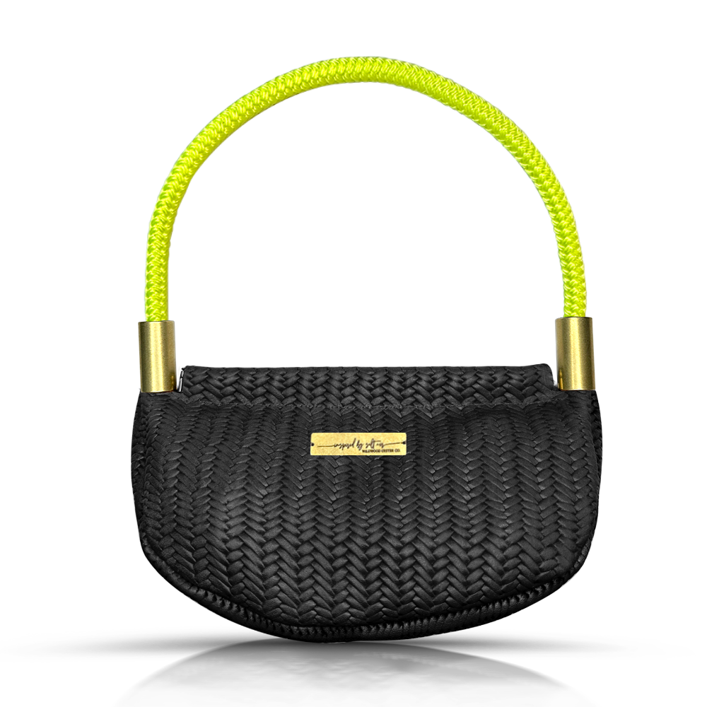 black basketweave leather clamshell bag with neon yellow dockline handle