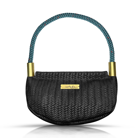black basketweave leather clamshell bag with teal dockline handle