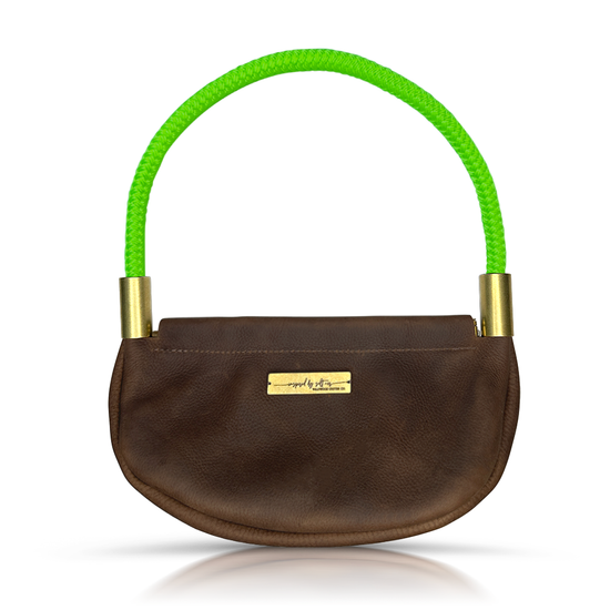 brown leather clam shell bag with neon green dockline