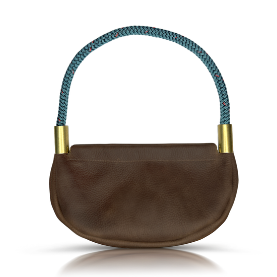 brown leather clam shell bag with teal dockline