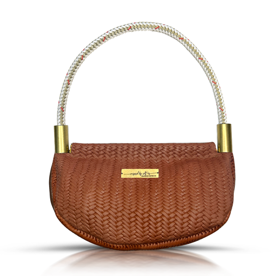 brown basketweave leather clamshell bag with gold dockline handle