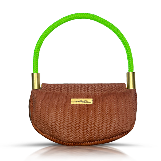 brown basketweave leather clamshell bag with neon green dockline handle