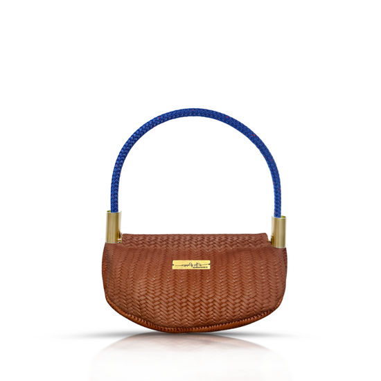 Clam Shell Bag in Brown Basketweave Leather