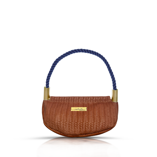 Clam Shell Bag in Brown Basketweave Leather