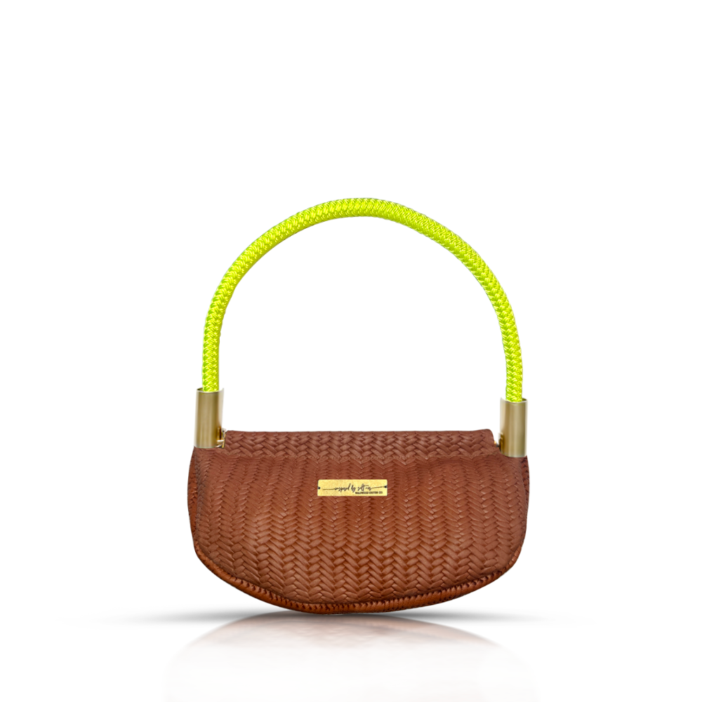 Clam Shell Bag in Brown Basketweave Leather