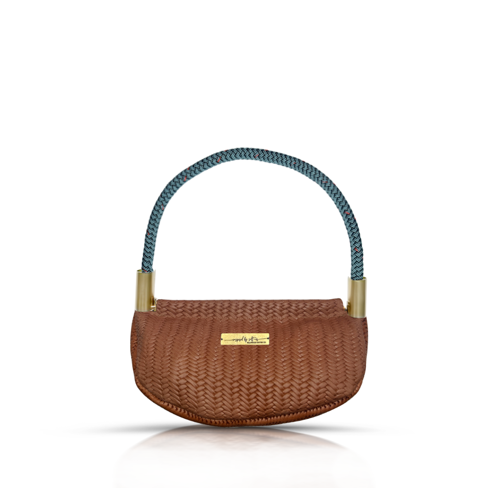 Clam Shell Bag in Brown Basketweave Leather