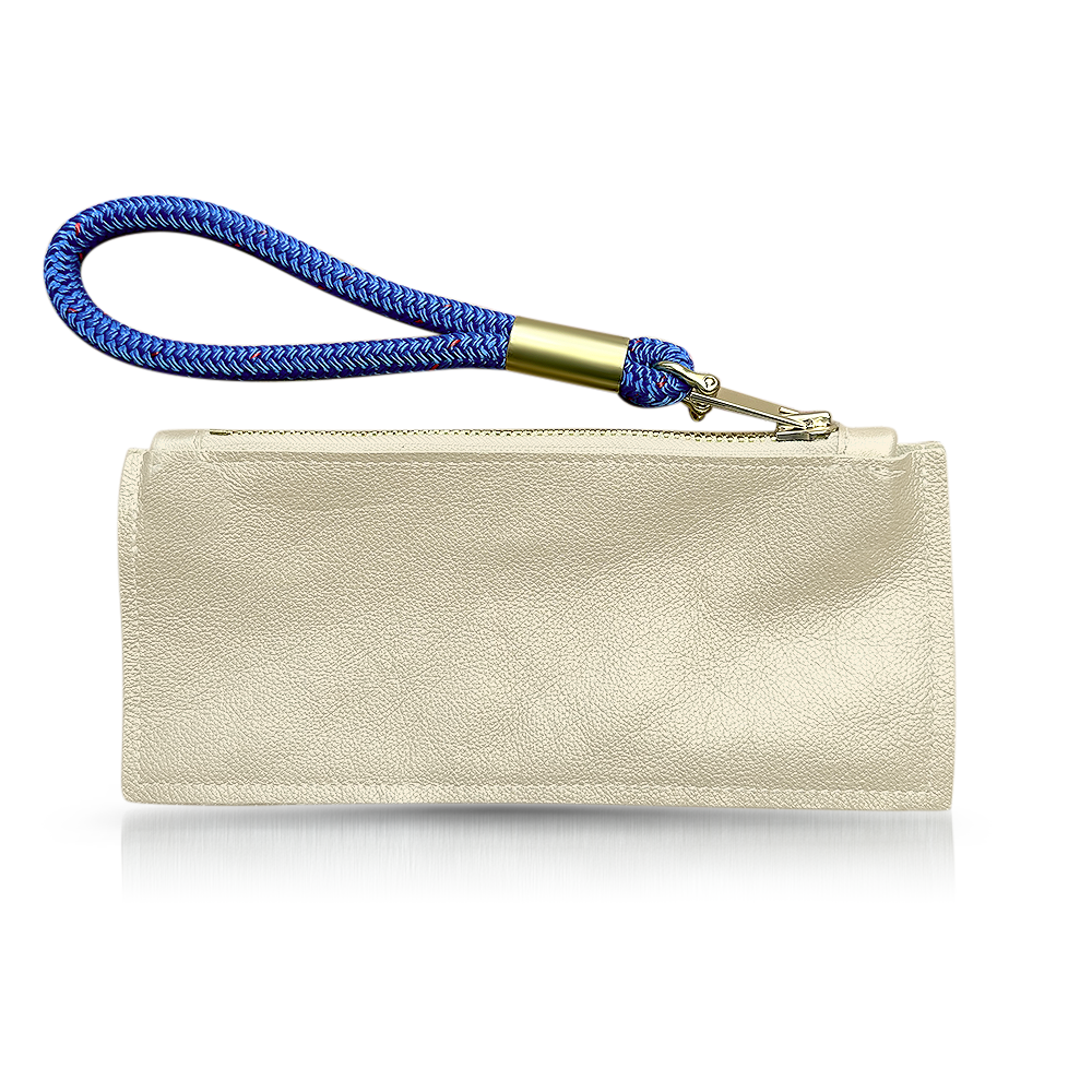 Load image into Gallery viewer, gold leather clutch with blue wristlet
