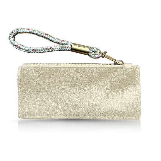 gold leather clutch with oyster shell gold wristlet