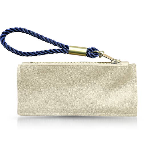gold leather clutch with navy wristlet
