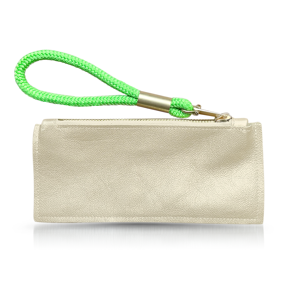 gold leather clutch with neon green wristlet
