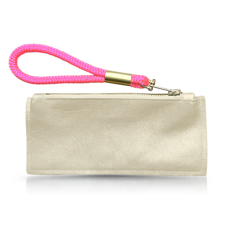 gold leather clutch with neon pink wristlet