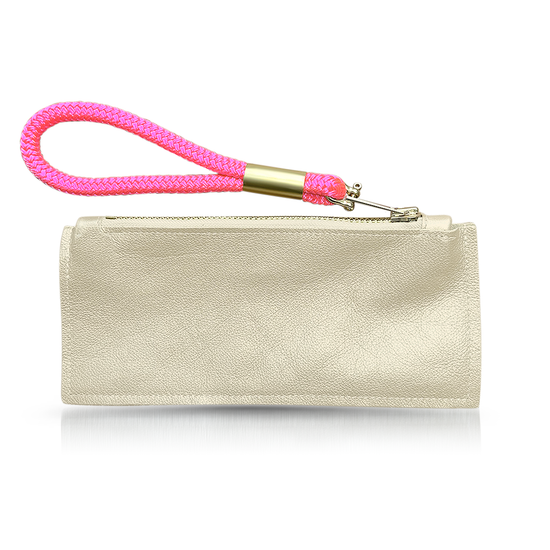 Load image into Gallery viewer, gold leather clutch with neon pink wristlet
