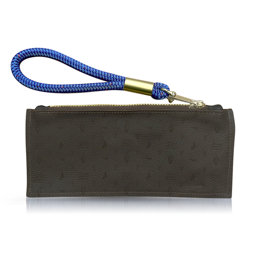 inspired by salt air brown leather clutch with blue wristlet