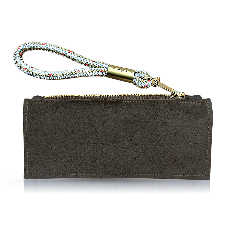 Load image into Gallery viewer, inspired by salt air brown leather clutch with oyster shell gold wristlet
