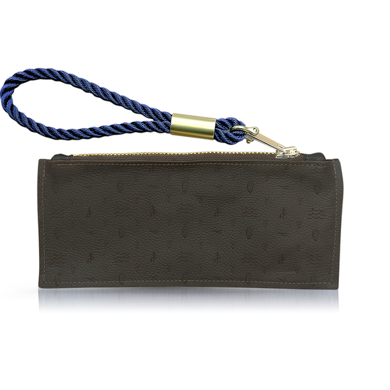 inspired by salt air brown leather clutch with navy wristlet