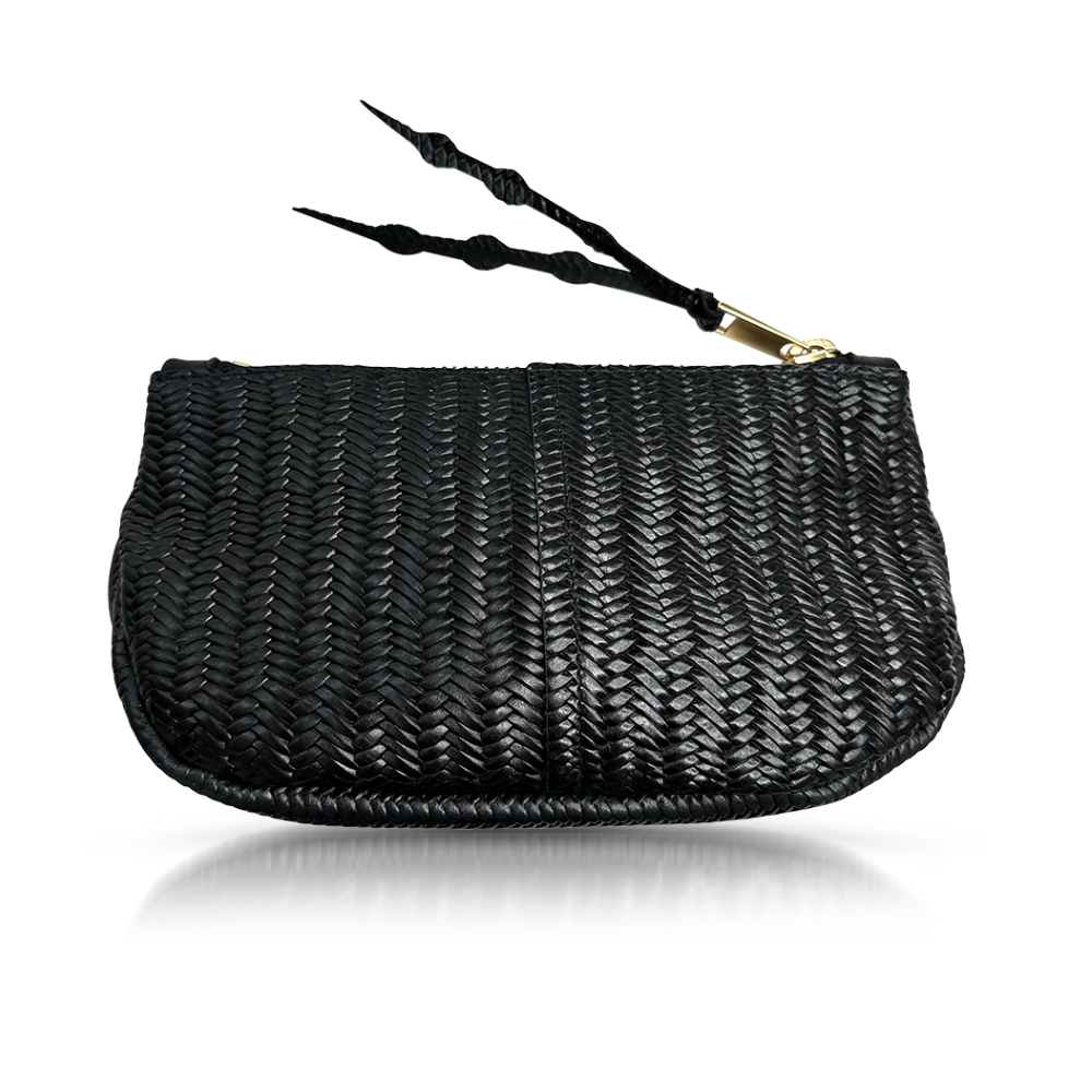 Makeup Bag in Black Basketweave Leather