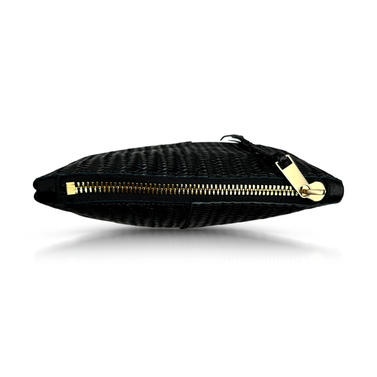 Makeup Bag in Black Basketweave Leather