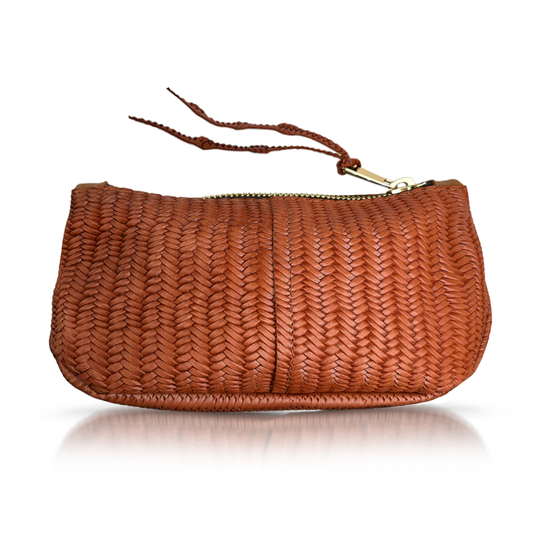 Brown baSketweave leather make up bag