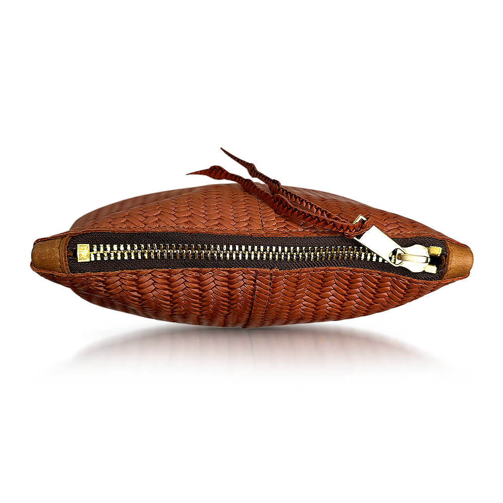 This is our Makeup Bag in Brown Basketweave leather. 