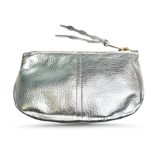 Makeup Bag in Silver Metallic Leather