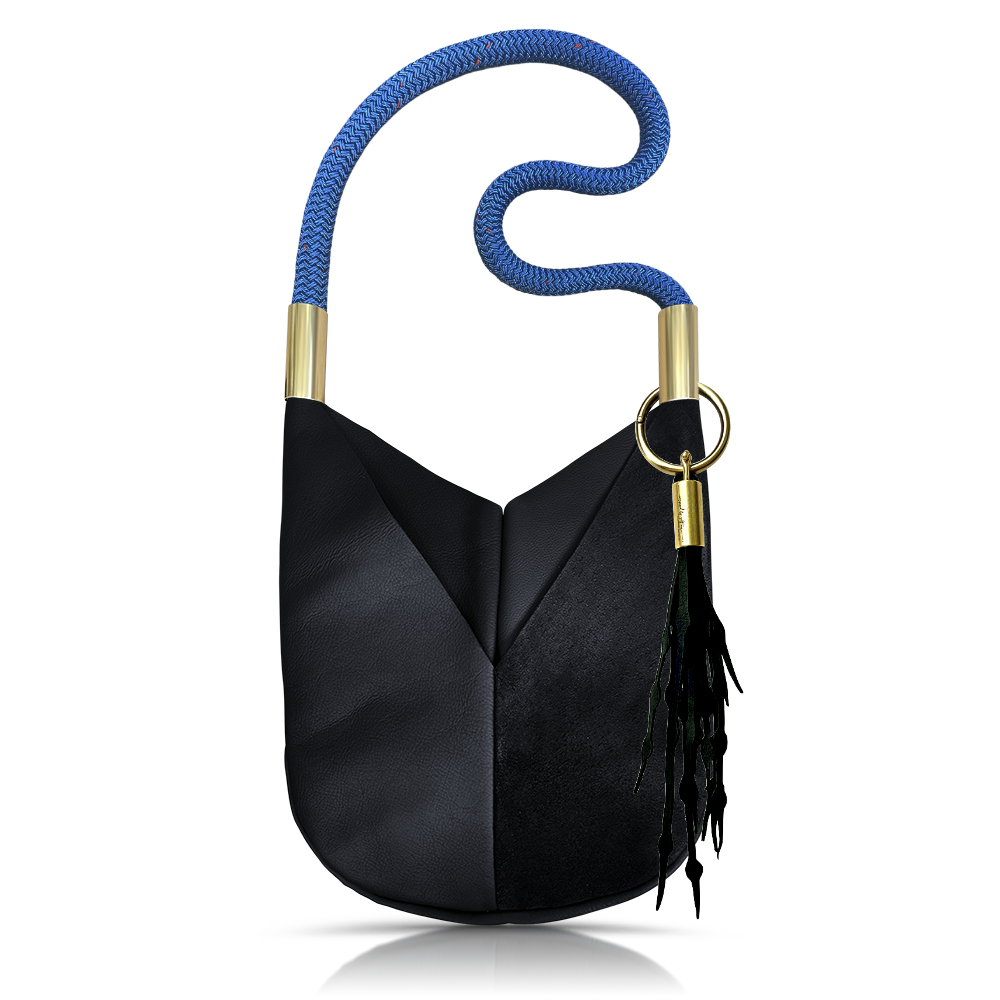Handmade Black Leather Boho Crossbody Tote Bag with Rope Handle Harborside Blue Custom Length Add A Matching Seaweed Tassel Save