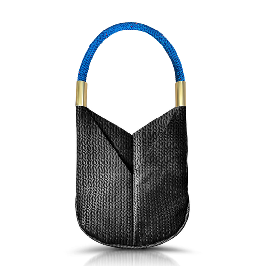 black basketweave leather original tote with harborside blue dock line
