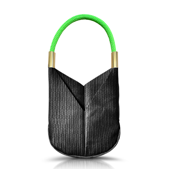 black basketweave leather original tote with neon green dock line