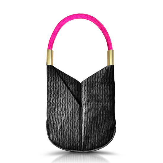black basketweave leather original tote with neon pink dock line