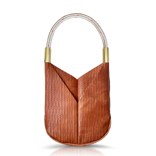 brown basketweave leather original tote with gold dock line