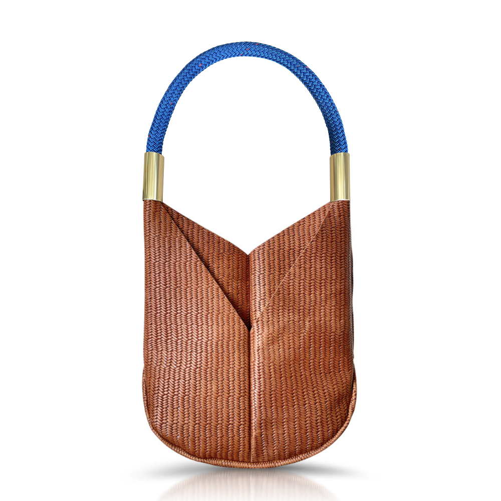 brown basketweave leather original tote with harborside blue dock line