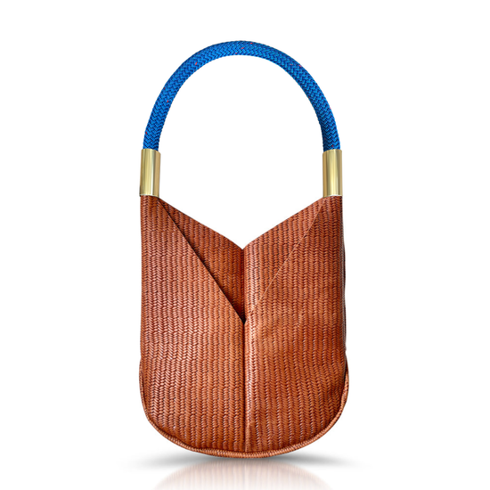 brown basketweave leather original tote with harborside blue dock line