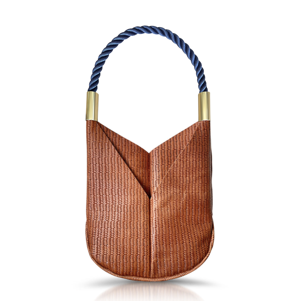 brown basketweave leather original tote with navy dock line