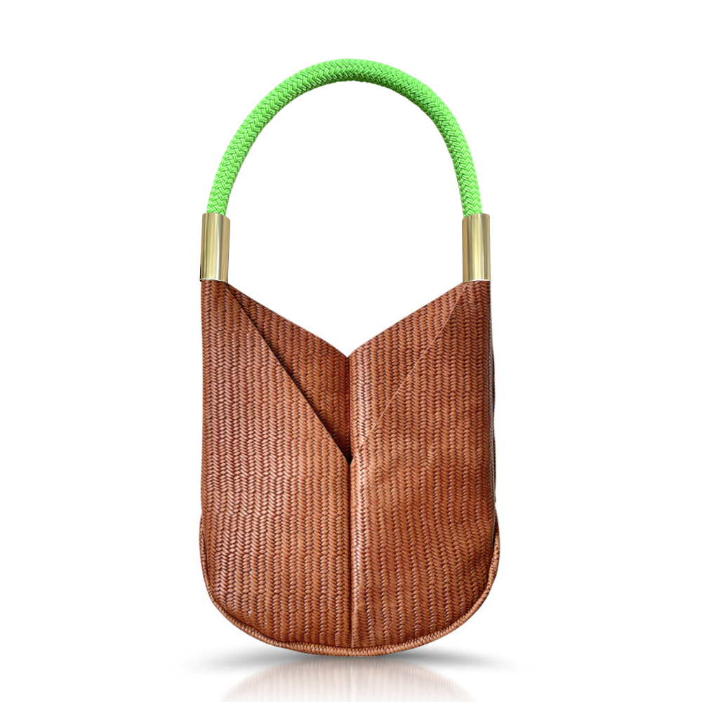 brown basketweave leather original tote with neon green dock line