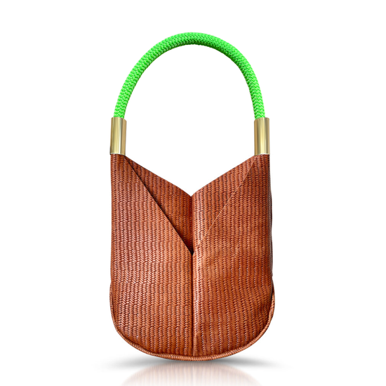 brown basketweave leather original tote with neon green dock line