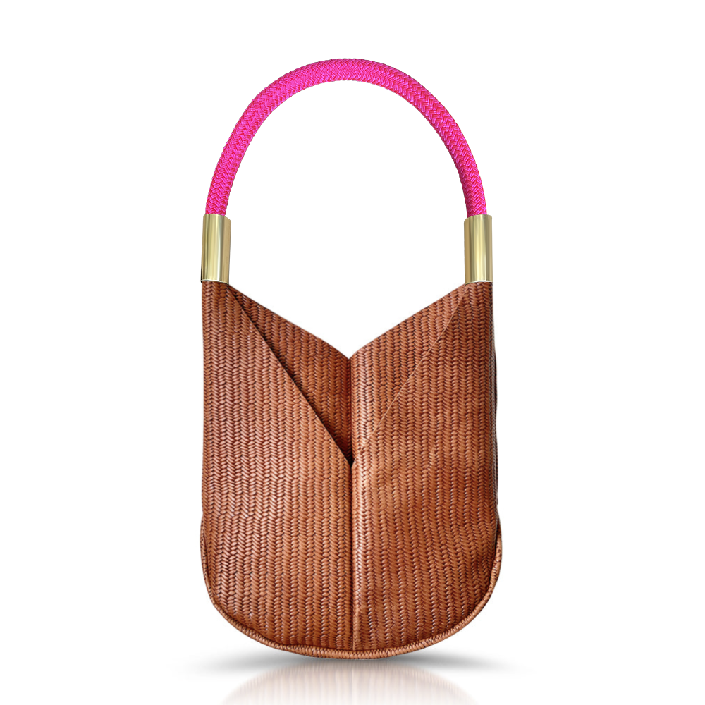 brown basketweave leather original tote with neon pink dock line