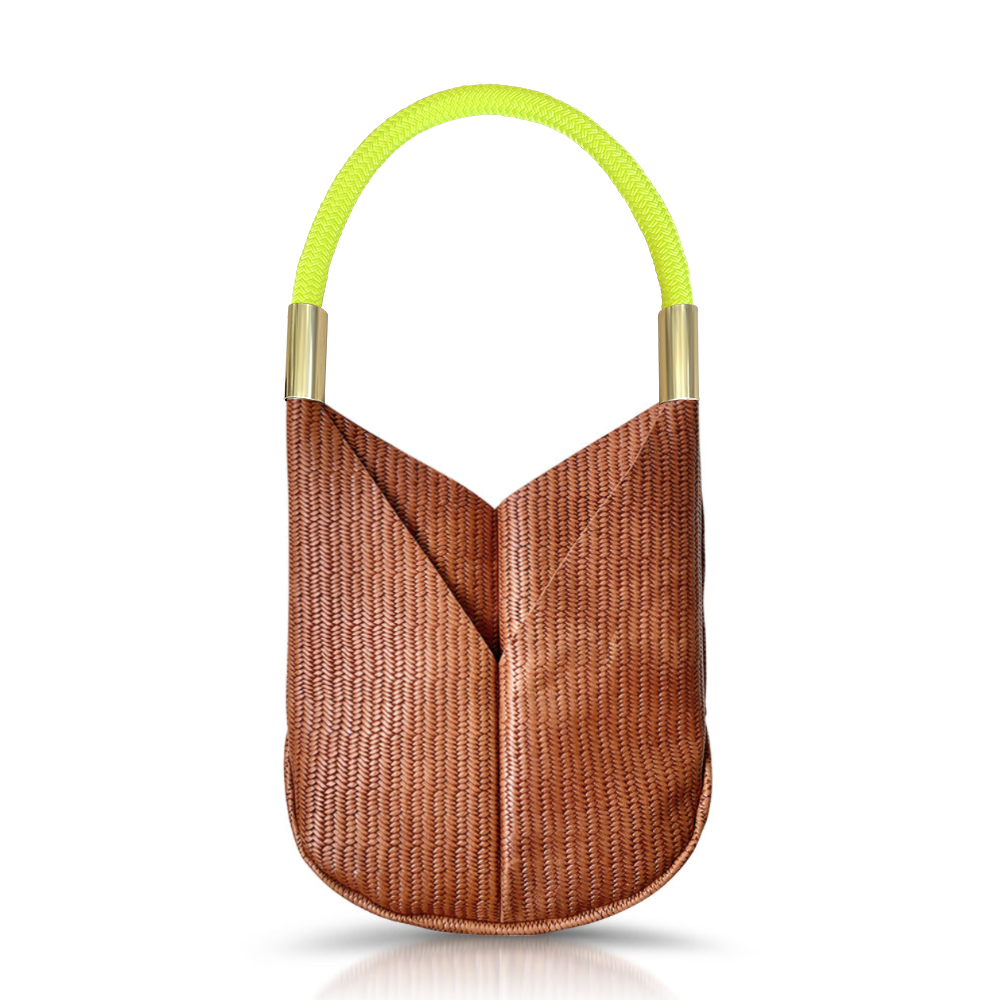 brown basketweave leather original tote with neon yellow dock line