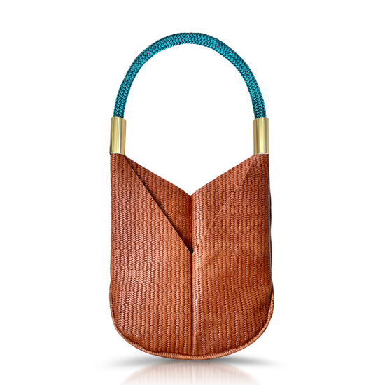 brown basketweave leather original tote with teal dock line
