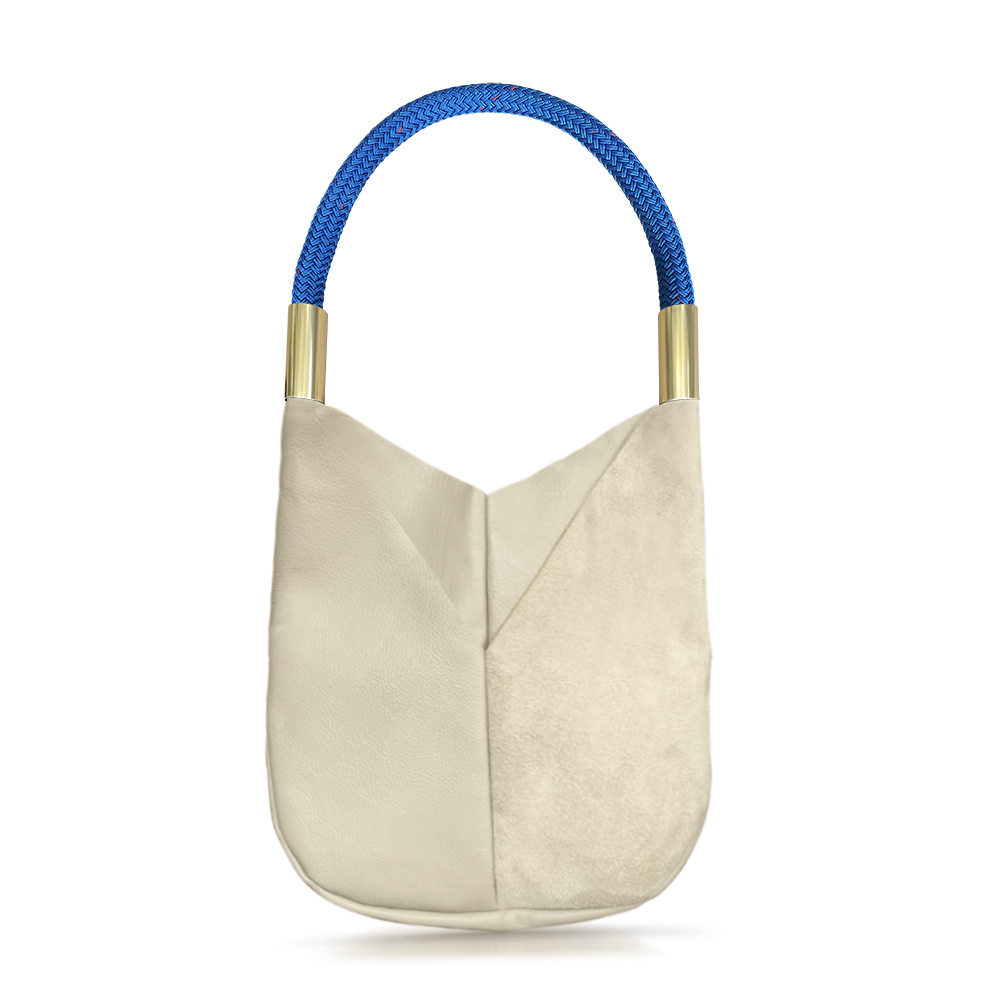 beige leather original tote with blue dock line