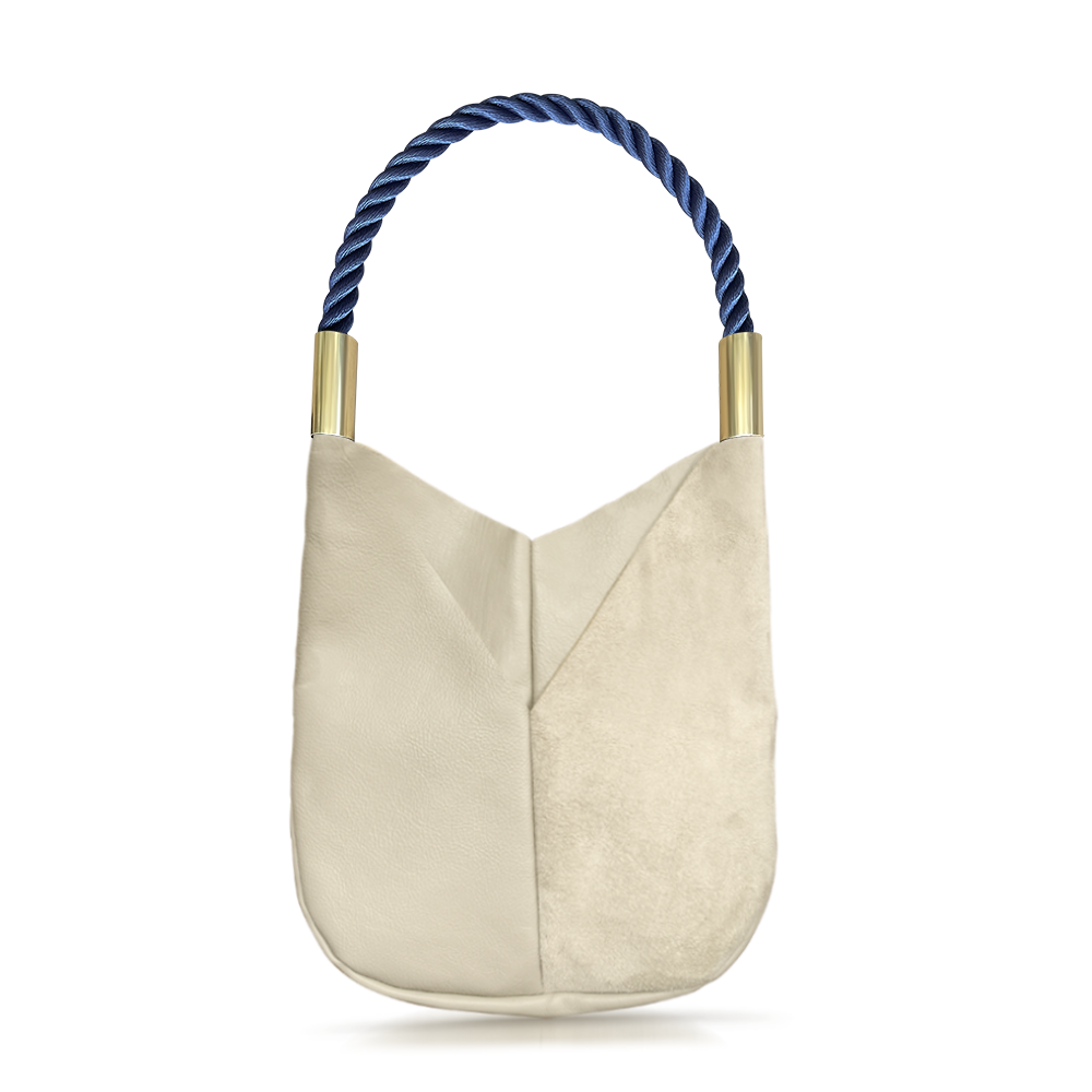 beige leather original tote with navy dock line