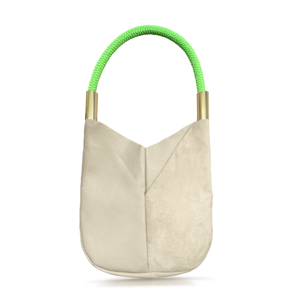 beige leather original tote with neon green dock line