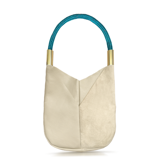 beige leather original tote with teal dock line