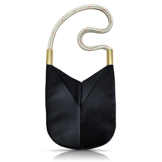 black leather original crossbody tote with gold dockline