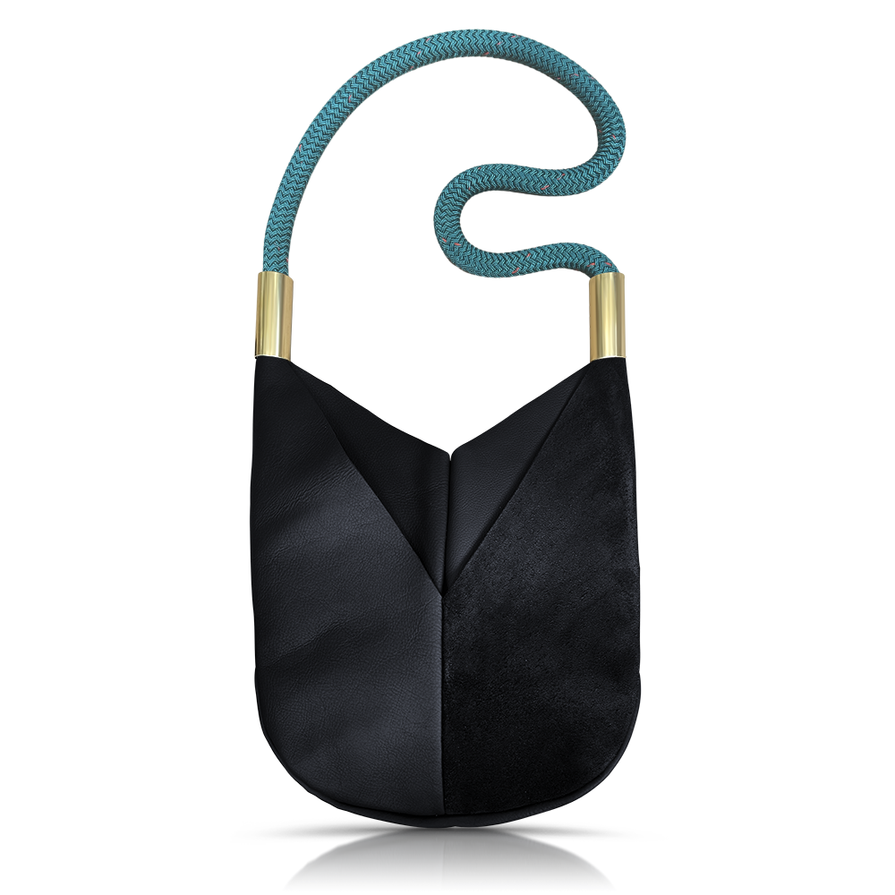 black leather original crossbody tote with teal dockline