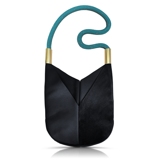 black leather original crossbody tote with teal dockline