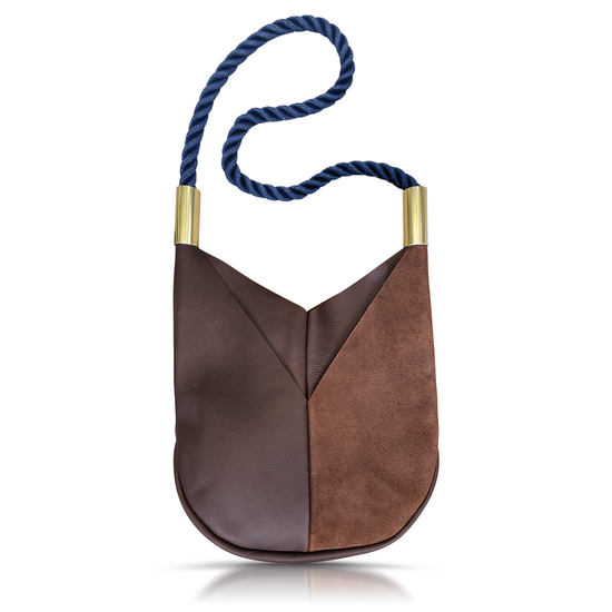 brown leather original crossbody tote with navy dockline