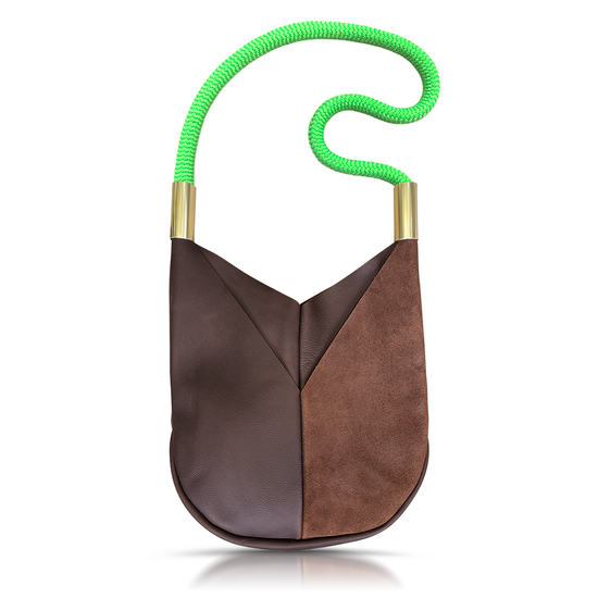 brown leather original crossbody tote with neon green dockline