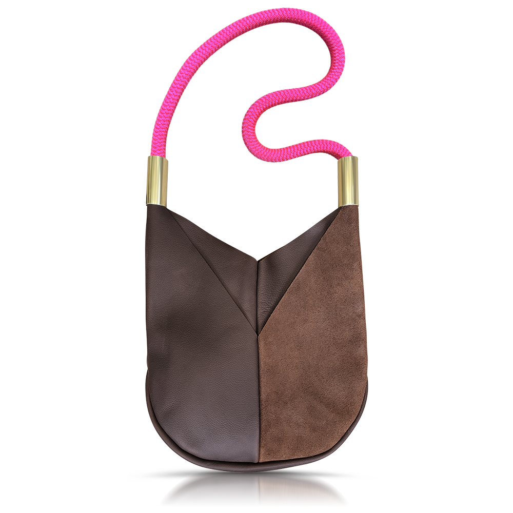 brown leather original crossbody tote with neon pink dockline