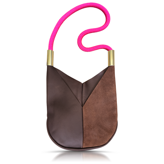 brown leather original crossbody tote with neon pink dockline
